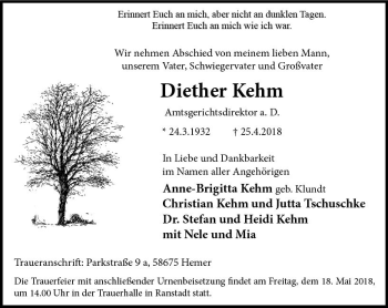 Traueranzeige von Diether Kehm von  Kreisanzeiger