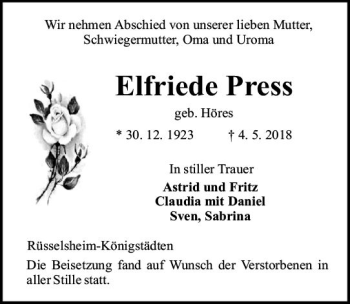 Traueranzeige von Elfriede Press von Trauerportal Rhein Main Presse