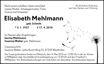 Traueranzeige von Elisabeth Mehlmann von Trauerportal Rhein Main Presse