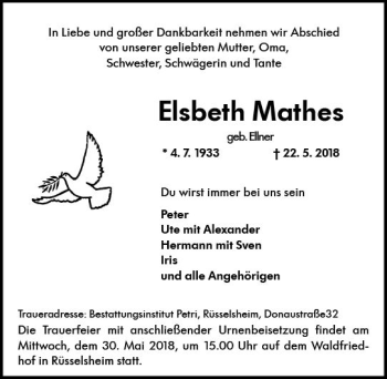 Traueranzeige von Elsbeth Mathes von Trauerportal Rhein Main Presse