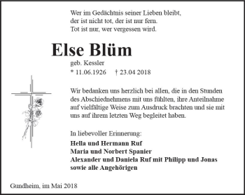 Traueranzeige von Else Blüm von Trauerportal Rhein Main Presse