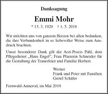 Traueranzeige von Emmi Mohr von  Gießener Anzeiger