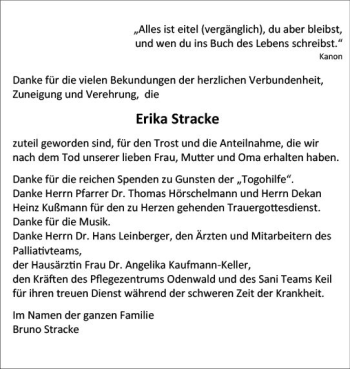 Traueranzeige von Erika Stracke von Trauerportal Rhein Main Presse
