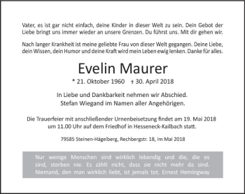 Traueranzeige von Evelin Maurer von Trauerportal Rhein Main Presse