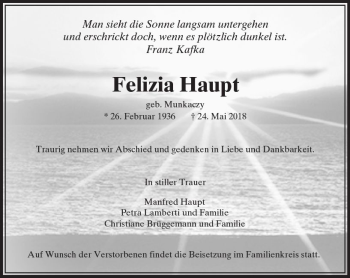 Traueranzeige von Felizia Haupt von  Usinger Anzeiger