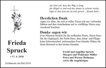 Traueranzeige von Frieda Spruck von  Kreisanzeiger