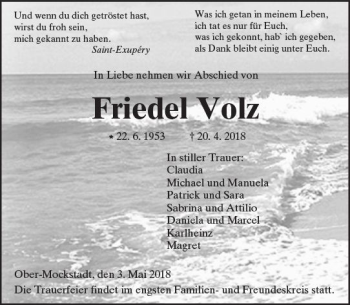 Traueranzeige von Friedel Volz von  Kreisanzeiger