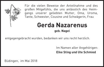 Traueranzeige von Gerda Nazarenus von  Kreisanzeiger