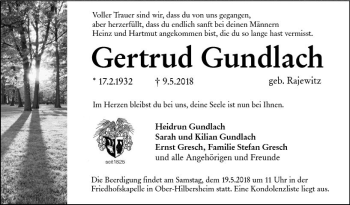 Traueranzeige von Gertrud Gundlach von Trauerportal Rhein Main Presse