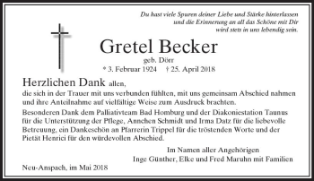 Traueranzeige von Gretel Becker von  Usinger Anzeiger