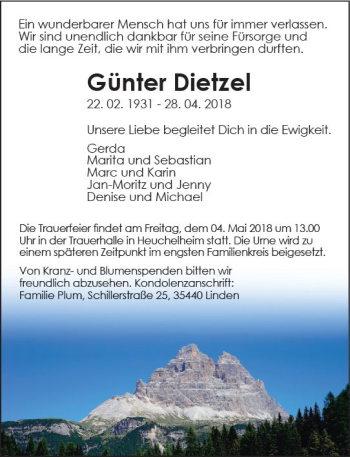 Traueranzeige von Günter Dietzel von  Gießener Anzeiger