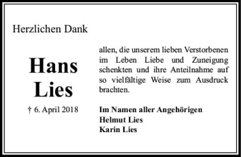 Traueranzeige von Hans Lies von Trauerportal Rhein Main Presse