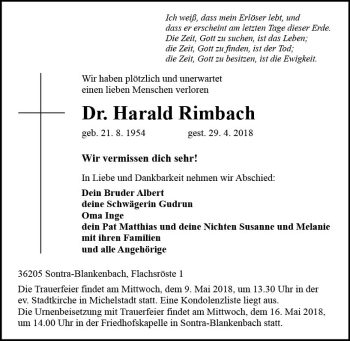 Traueranzeige von Harald Rimbach von Trauerportal Rhein Main Presse