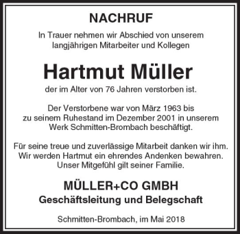 Traueranzeige von Hartmut Müller von  Usinger Anzeiger