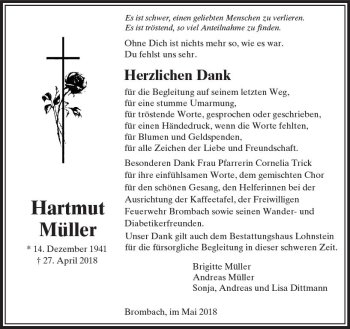 Traueranzeige von Hartmut Müller von  Usinger Anzeiger