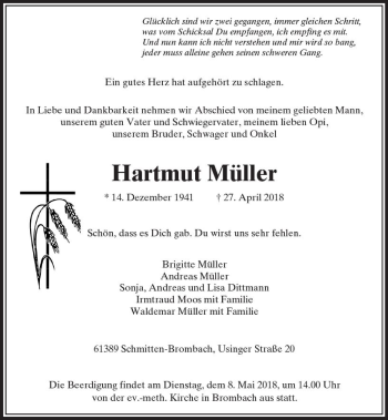 Traueranzeige von Hartmut Müller von  Usinger Anzeiger