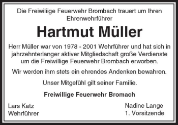 Traueranzeige von Hartmut Müller von  Usinger Anzeiger