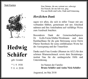 Traueranzeige von Hedwig Schäfer von VRM Trauer