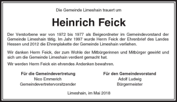 Traueranzeige von Heinrich Feick von  Kreisanzeiger