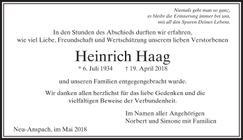 Traueranzeige von Heinrich Haag von  Usinger Anzeiger