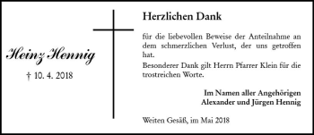 Traueranzeige von Heinz Hennig von Trauerportal Rhein Main Presse