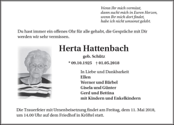 Traueranzeige von Herta Hattenbach von Trauerportal Rhein Main Presse