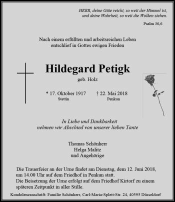 Traueranzeige von Hildegard Petigk von VRM Trauer