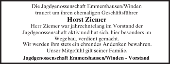 Traueranzeige von Horst Ziemer von  Usinger Anzeiger
