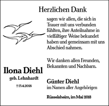 Traueranzeige von Ilona Diehl von Trauerportal Rhein Main Presse