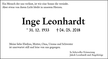 Traueranzeige von Inge Leonhardt von Trauerportal Rhein Main Presse