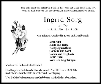 Traueranzeige von Ingrid Sorg von VRM Trauer
