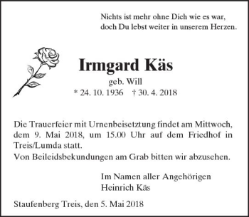 Traueranzeige von Irmgard Käs von  Gießener Anzeiger