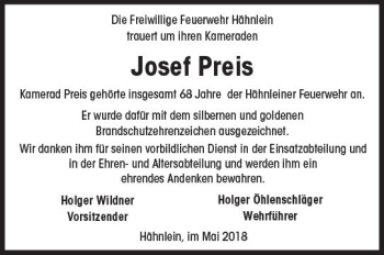 Traueranzeige von Josef Preis von Trauerportal Rhein Main Presse