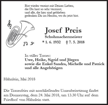 Traueranzeige von Josef Preis von Trauerportal Rhein Main Presse