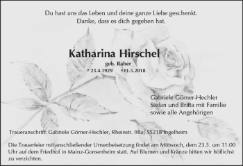 Traueranzeige von Katharina Hirschel von Trauerportal Rhein Main Presse
