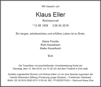 Traueranzeige von Klaus Eller von Trauerportal Rhein Main Presse