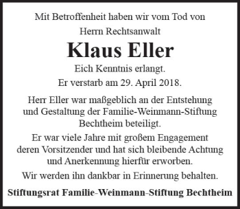 Traueranzeige von Klaus Eller von Trauerportal Rhein Main Presse