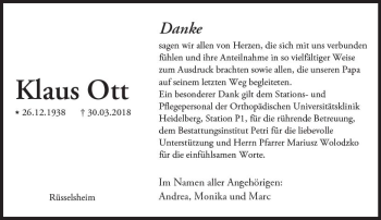 Traueranzeige von Klaus Ott von Trauerportal Rhein Main Presse