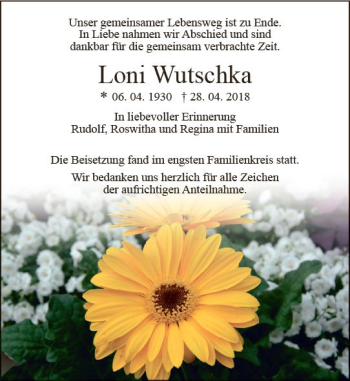 Traueranzeige von Loni Wutschka von  Gießener Anzeiger