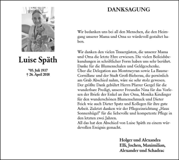 Traueranzeige von Luise Späth von Trauerportal Rhein Main Presse