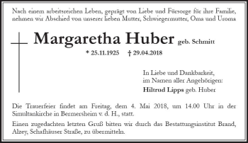 Traueranzeige von Margaretha Huber von Trauerportal Rhein Main Presse