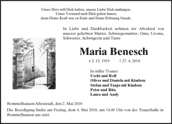 Traueranzeige von Maria Benesch von  Kreisanzeiger