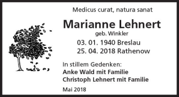 Traueranzeige von Marianne Lehnert von  Usinger Anzeiger