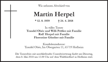 Traueranzeige von Martin Herpel von Trauerportal Rhein Main Presse