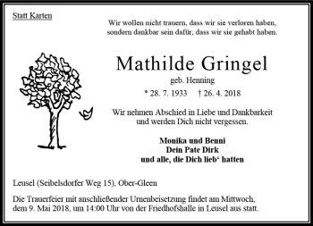 Traueranzeige von Mathilde Gringel von VRM Trauer