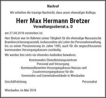 Traueranzeige von Max Hermann Bretzer von Trauerportal Rhein Main Presse