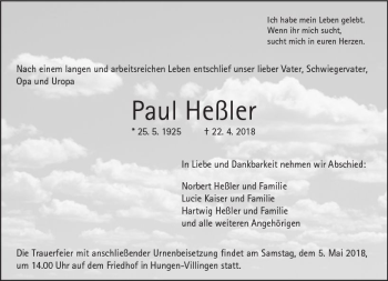 Traueranzeige von Paul Heßler von  Kreisanzeiger