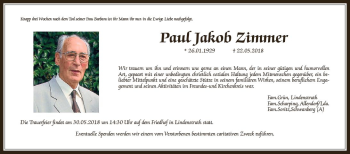 Traueranzeige von Paul Jakob Zimmer von  Gießener Anzeiger
