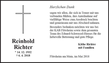 Traueranzeige von Reinhold Richter von Trauerportal Rhein Main Presse