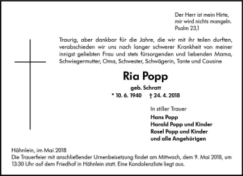 Traueranzeige von Rio Popp von Trauerportal Rhein Main Presse